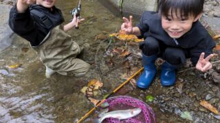息子の同級生を連れて近所の川でニジマス釣り